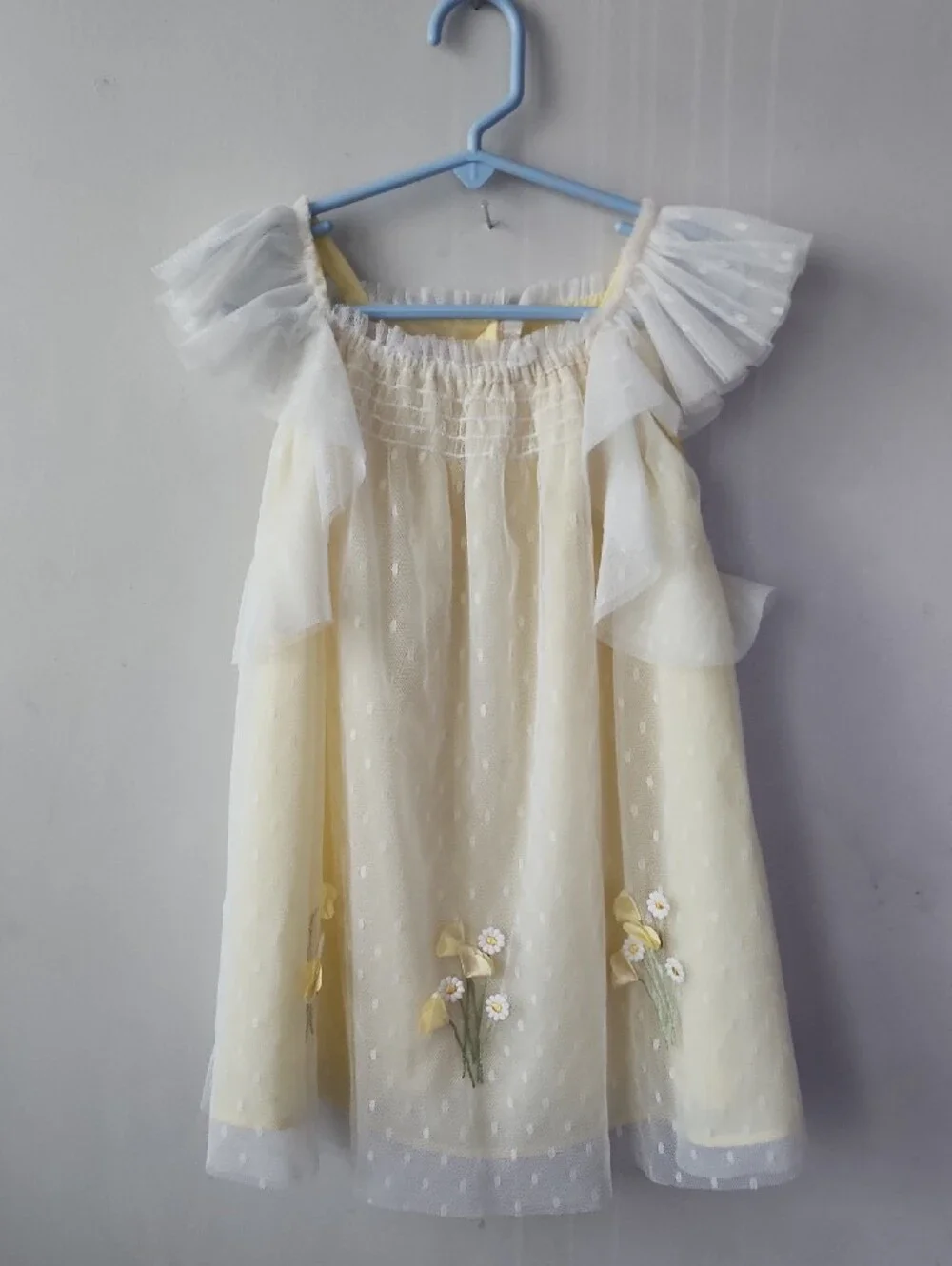 Biscotti Pale Yellow and White Floral Tulle Dress. New Without Tag